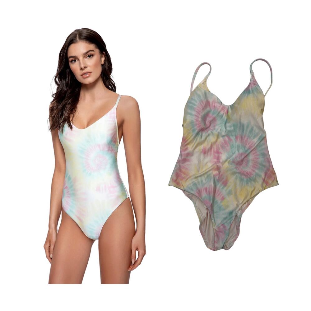 PilyQ Aphrodite Tie Dye Strappy Open Back One Piece Swimsuit Pastel Size Large